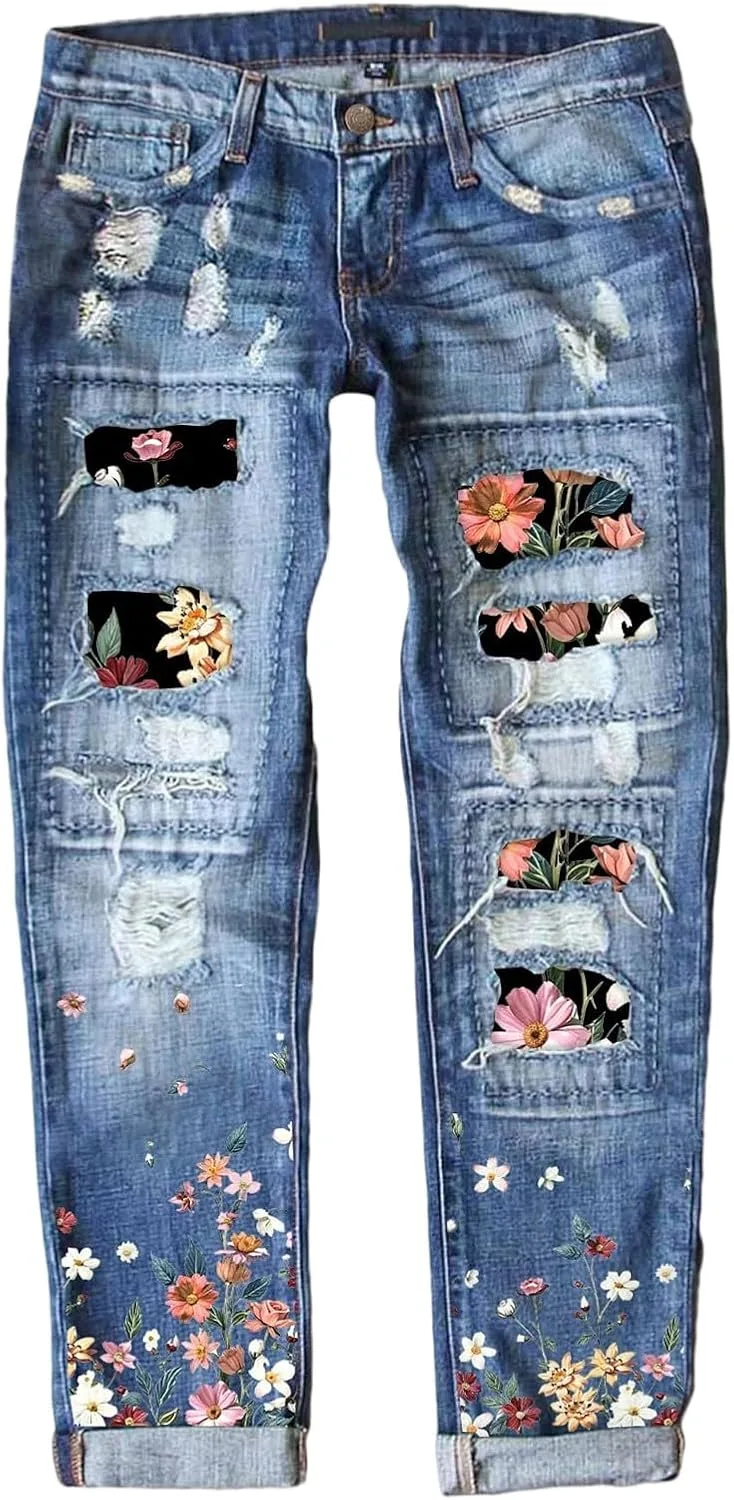 Рваные бойфренд джинсы для женщин с рождественским пэчворком
Рваные бойфренд джинсы для женщин с рождественским пэчворком