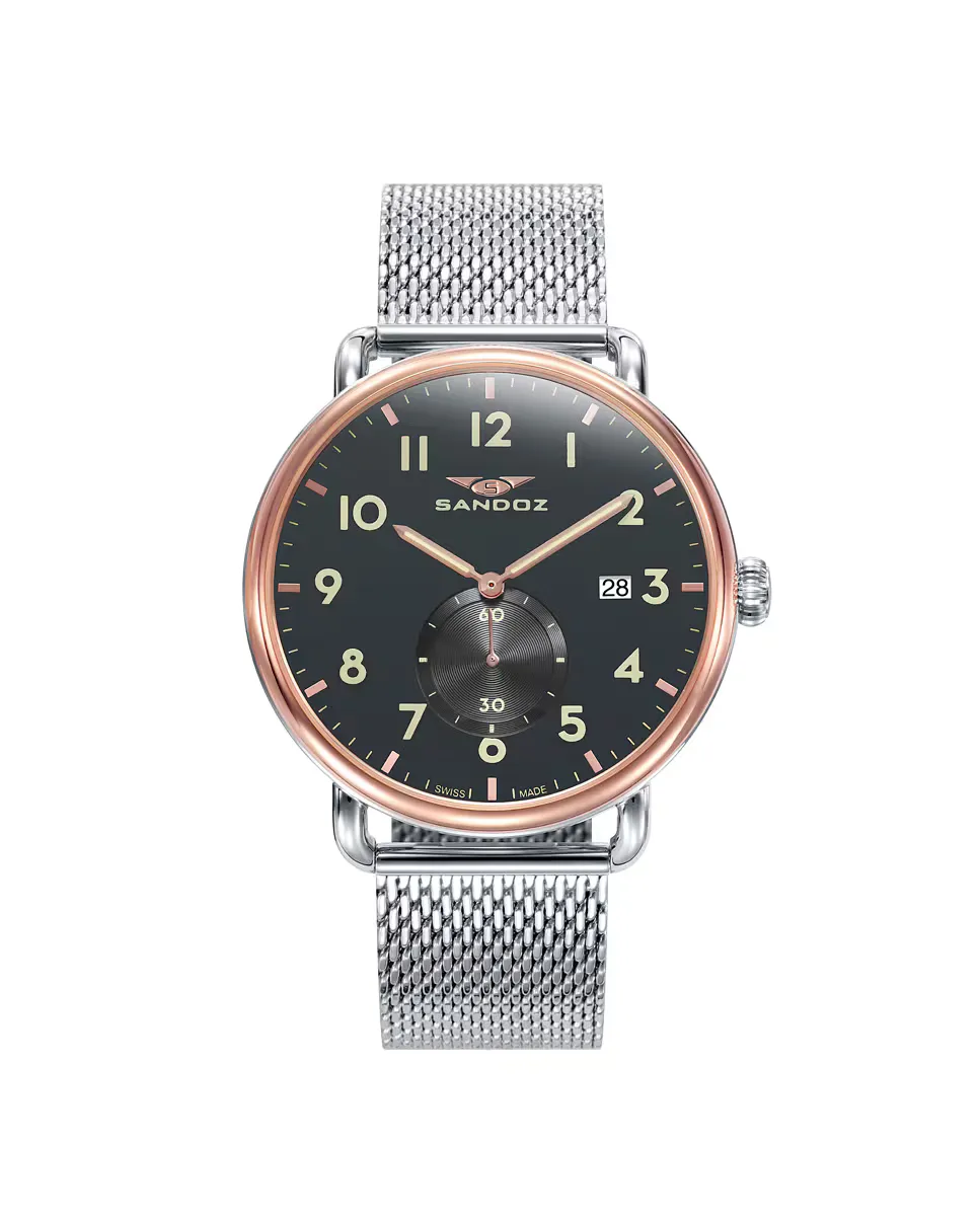 Антикварные мужские часы с тремя стальными стрелками розового цвета и миланской сеткой Sandoz, серебряный 
Антикварные мужские часы с тремя стальными стрелками розового цвета и миланской сеткой Sandoz, серебряный