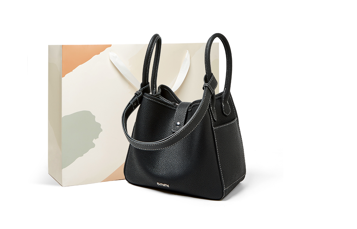 Сумка через плечо из кожи коровы ведерко средний размер женская слоновая серая / полуночно-черная 15 минут, кофе