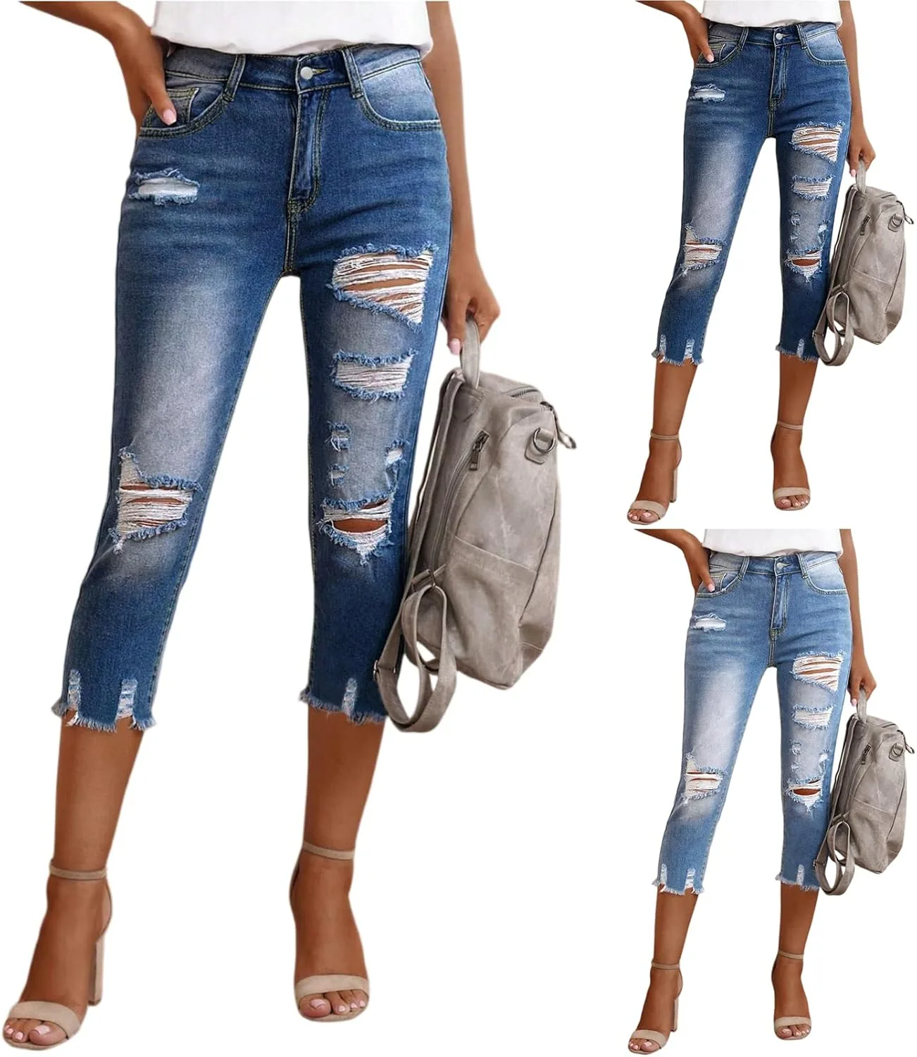Женские джинсы-капри деним с карманами, рваные, с необработанным краем
Женские джинсы-капри деним с карманами, рваные, с необработанным краем