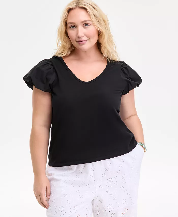 Модный хлопковый топ с U-образным вырезом и короткими рукавами-фонариками для полных On 34th, белый
Модный хлопковый топ с U-образным вырезом и короткими рукавами-фонариками для полных On 34th, белый