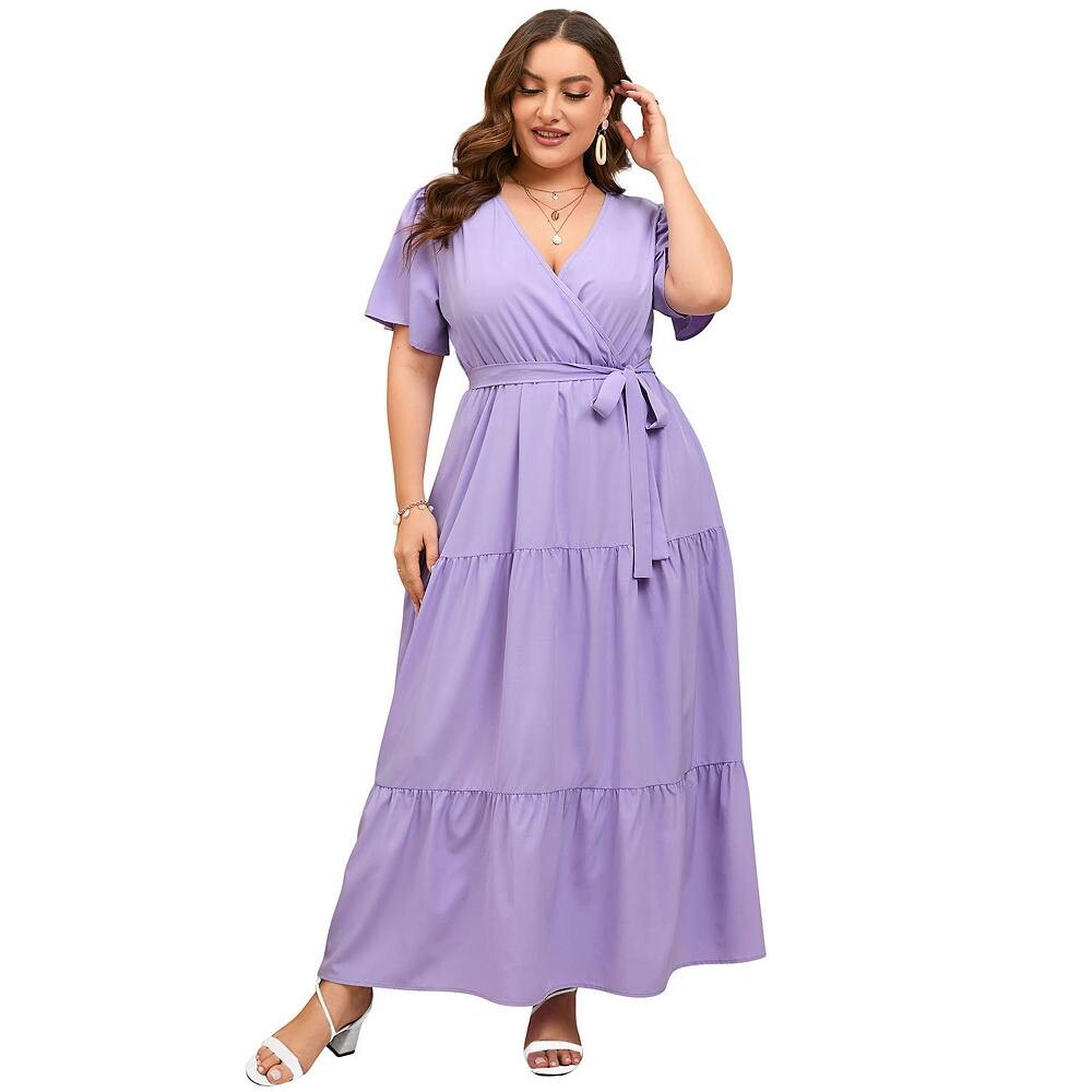 Женское платье макси с V-образным вырезом и запахом больших размеров, летнее повседневное платье с высокой талией и рюшами с поясом Kojooin, фиолетовый 
Женское платье макси с V-образным вырезом и запахом больших размеров, летнее повседневное платье с высокой талией и рюшами с поясом Kojooin, фиолетовый