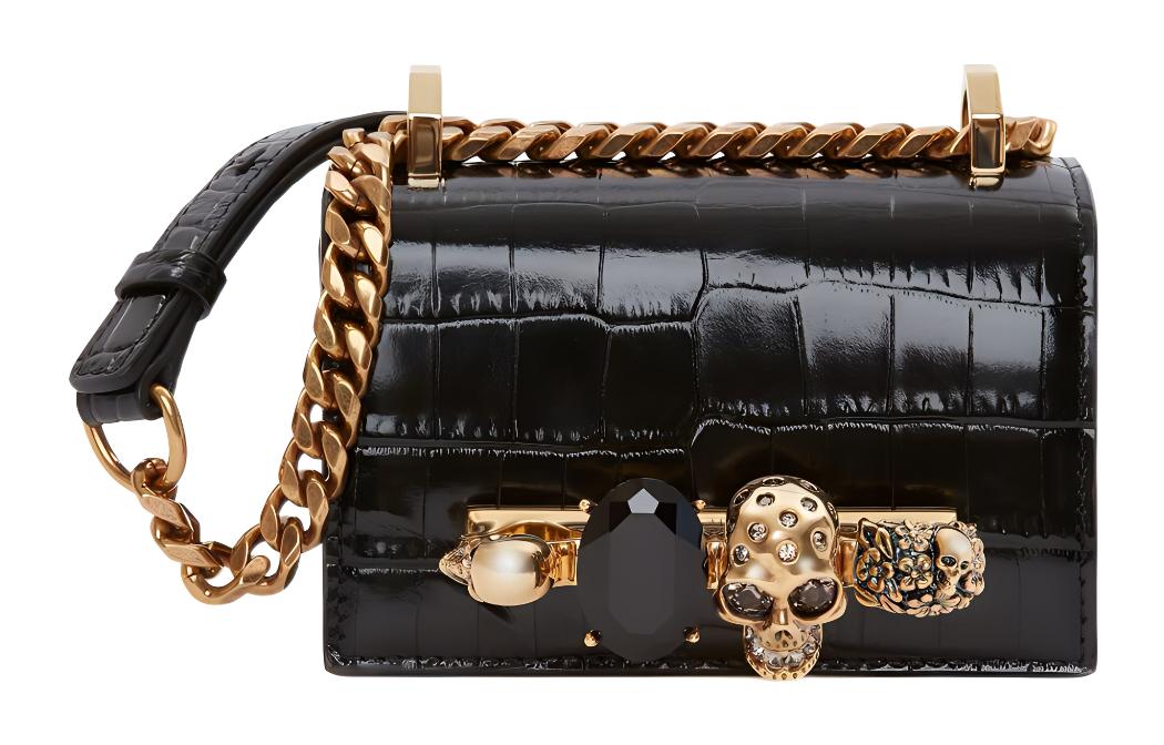 Alexander McQueen Ювелирный саквояж из тисненой под крокодила телячьей кожи с наплечным ремнем через плечо для женщин черный