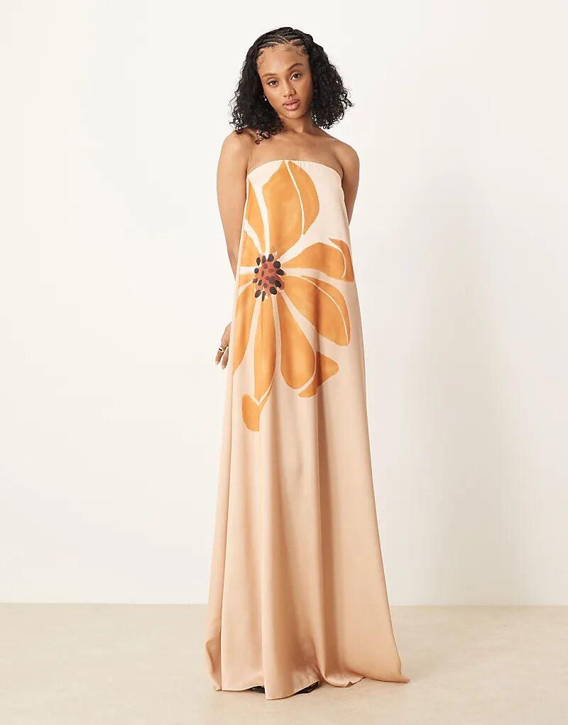 Длинное платье-бандо трапеция из атласа ASOS DESIGN с желтым цветочным принтом