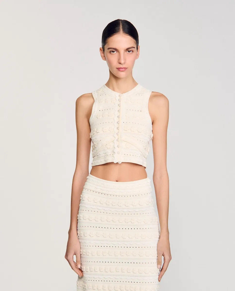 Короткий женский свитер крючком Sandro, белый
Короткий женский свитер крючком Sandro, белый