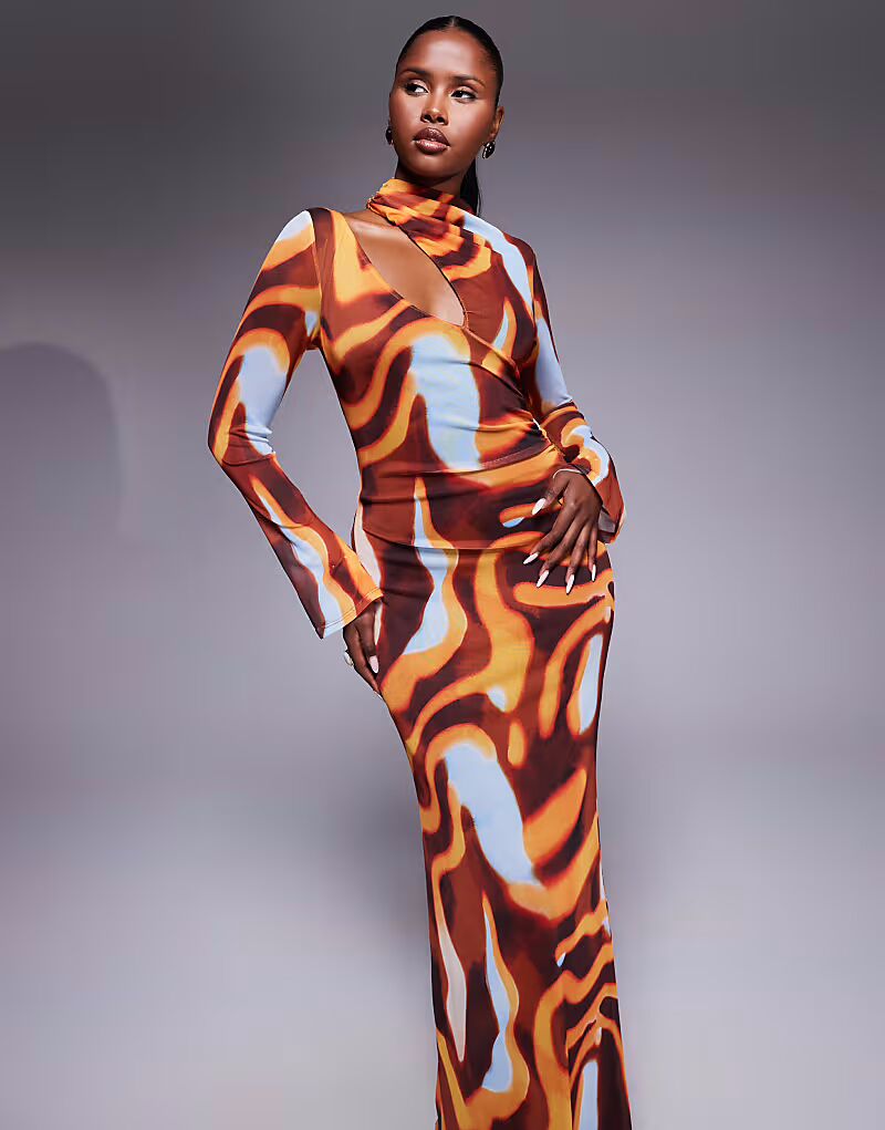 Платье макси ASOS DESIGN с разрезом на плече, рельефным лифом и красным абстрактным принтом 
Платье макси ASOS DESIGN с разрезом на плече, рельефным лифом и красным абстрактным принтом