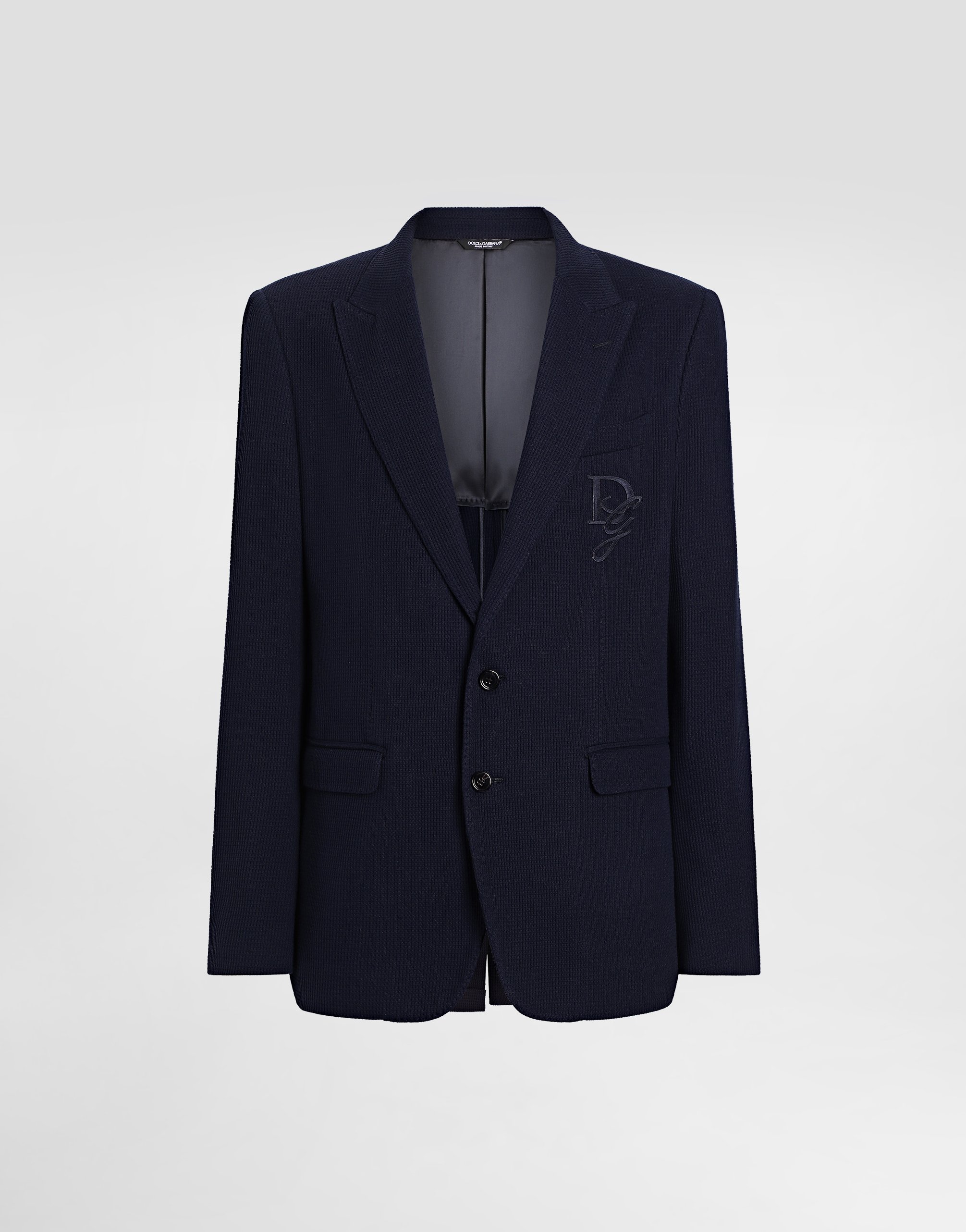 Однобортный пиджак из хлопкового трикотажа с вышитым логотипом Dolce & Gabbana, синий
Однобортный пиджак из хлопкового трикотажа с вышитым логотипом Dolce & Gabbana, синий
