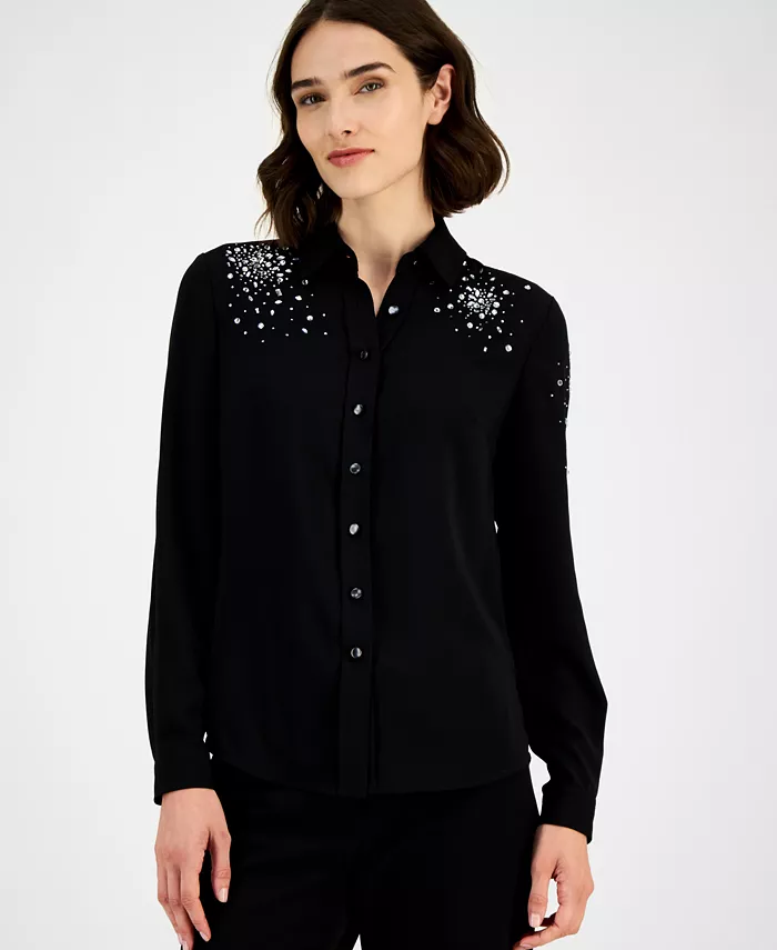 Женская рубашка, украшенная стразами Anne Klein, черный 
Женская рубашка, украшенная стразами Anne Klein, черный