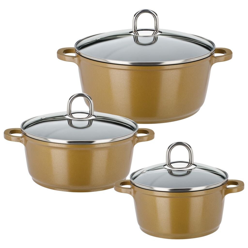 Набор кастрюль GSW Gourmet Premium Color, 6 предметов: золото, алюминий, нержавеющая сталь, стекло, кастрюля со стеклянной крышкой ø ок. 16 x В 8,6 см / ø ок. 20 x В 9,0 см / ø ок
Набор кастрюль GSW Gourmet Premium Color, 6 предметов: золото, алюминий, нержавеющая сталь, стекло, кастрюля со стеклянной крышкой ø ок. 16 x В 8,6 см / ø ок. 20 x В 9,0 см / ø ок