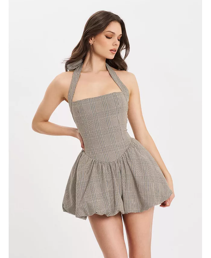 Женское мини-платье Dacia Plaid Halter со шнуровкой и принтом «пузырь» Miss Circle, коричневый 
Женское мини-платье Dacia Plaid Halter со шнуровкой и принтом «пузырь» Miss Circle, коричневый