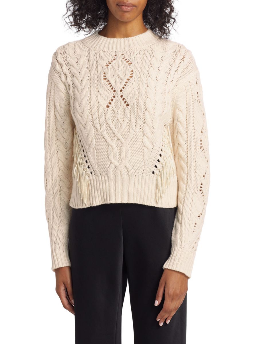 Шерстяной и кашемировый свитер с косичной вязкой и бахромой Vince, кремовый
Шерстяной и кашемировый свитер с косичной вязкой и бахромой Vince, кремовый