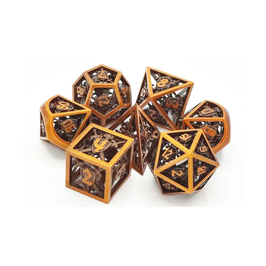 Кубики с полым мечом и щитом — матовая латунь (7), Hollow Dice
Кубики с полым мечом и щитом — матовая латунь (7), Hollow Dice