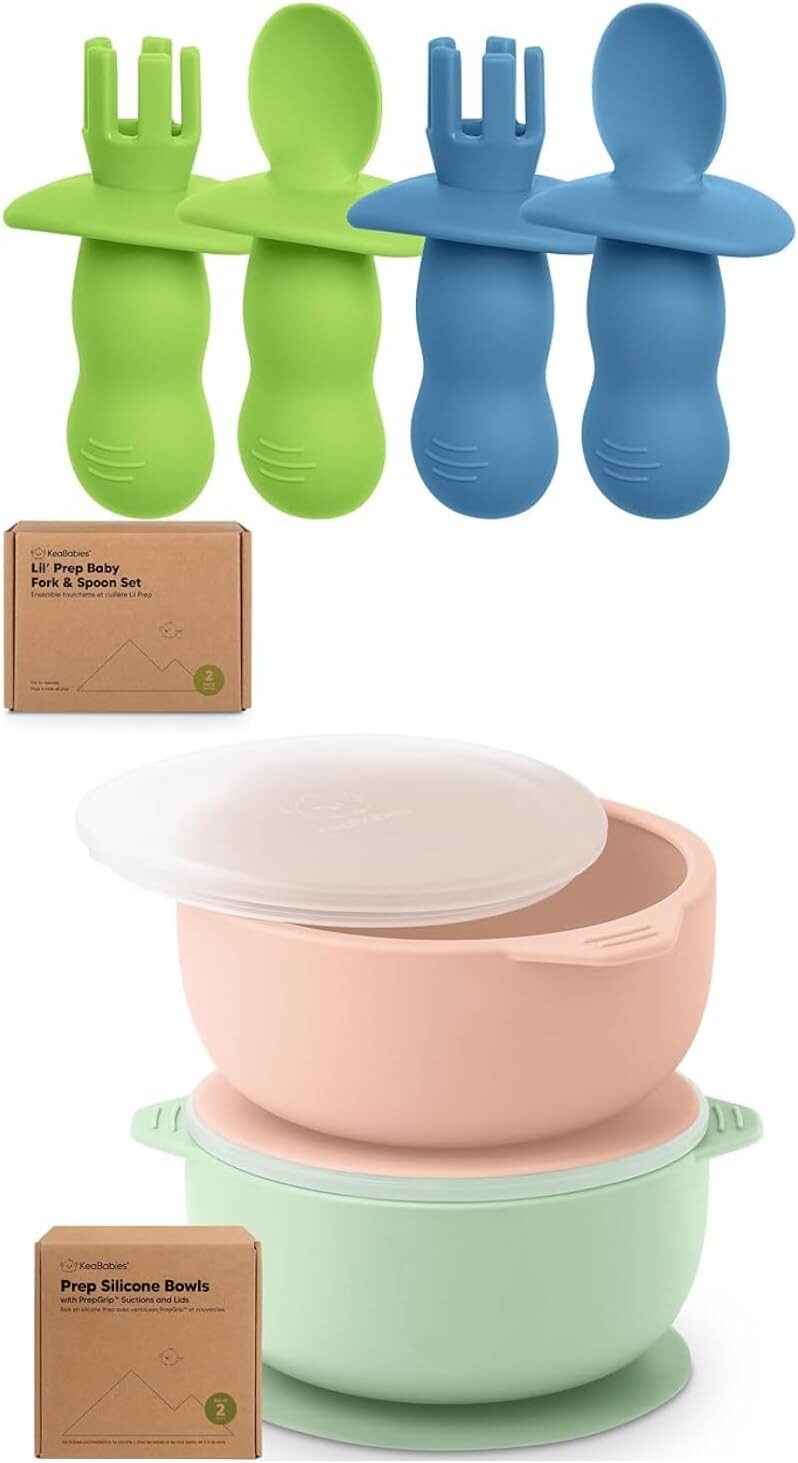 Набор из 4 силиконовых детских ложек и вилок Keababies и 2 детских миски с присосками, крышками
Набор из 4 силиконовых детских ложек и вилок Keababies и 2 детских миски с присосками, крышками