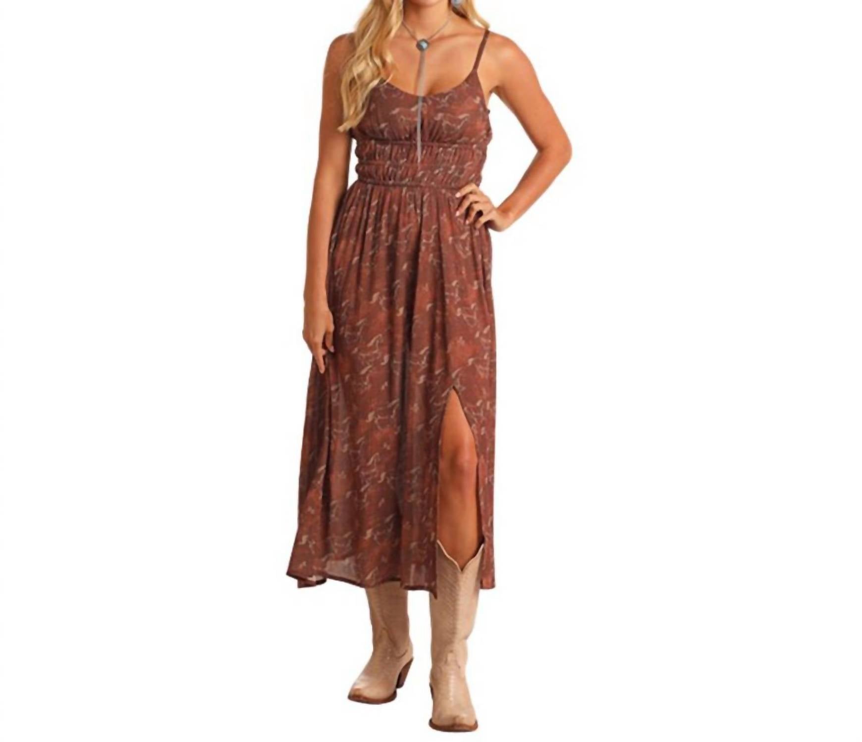 Коричневое миди-платье с принтом лошадей Rock & Roll Denim
Коричневое миди-платье с принтом лошадей Rock & Roll Denim