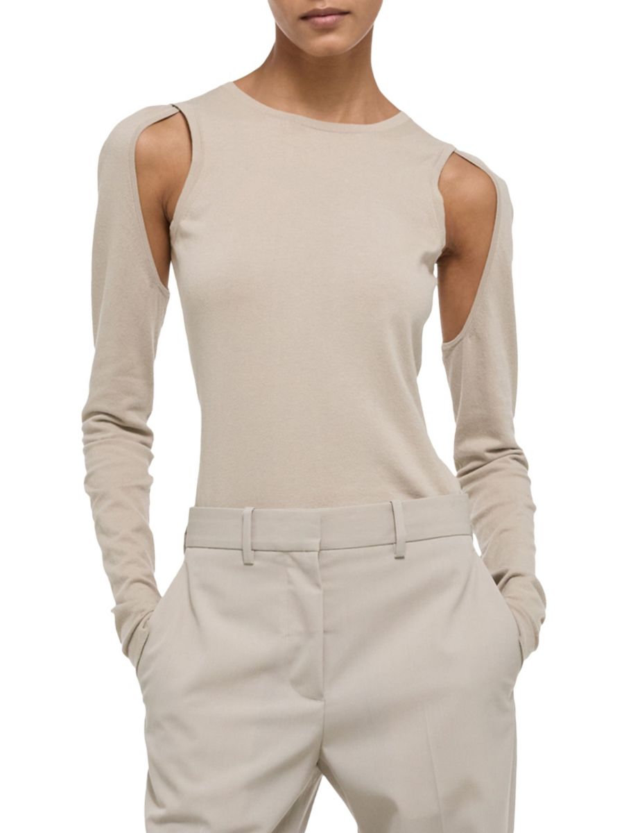 Хлопковый свитер с круглым вырезом и вырезом Helmut Lang, песочный
Хлопковый свитер с круглым вырезом и вырезом Helmut Lang, песочный