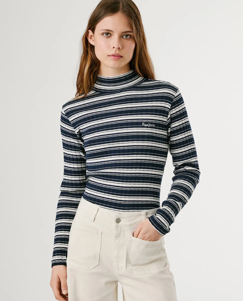 Женская футболка с рубчиком и полосатым принтом Pepe Jeans, темно-синий 
Женская футболка с рубчиком и полосатым принтом Pepe Jeans, темно-синий