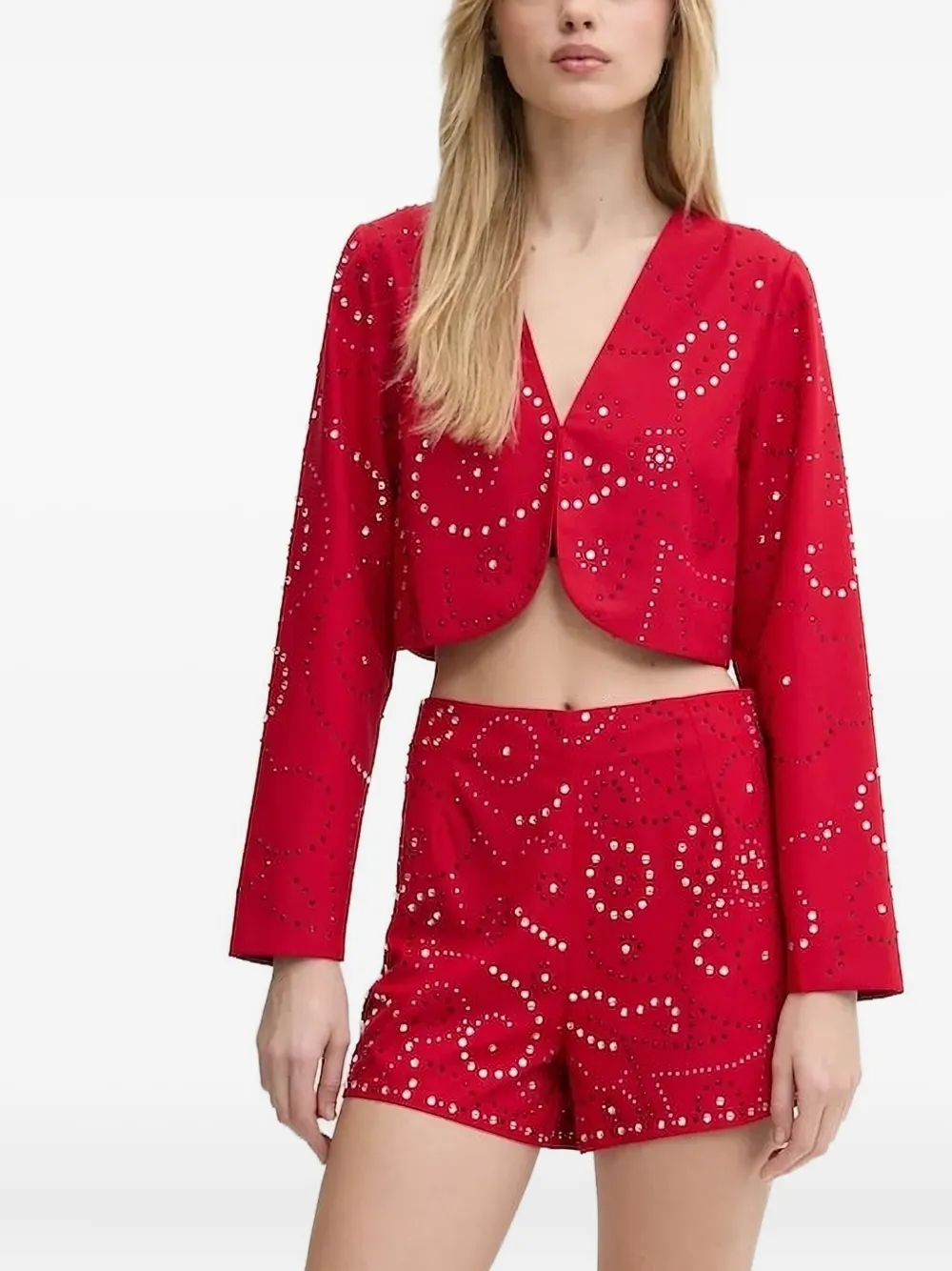 Укороченный жакет с V-образным вырезом и декоративным узором NEVER FULLY DRESSED, красный
Укороченный жакет с V-образным вырезом и декоративным узором NEVER FULLY DRESSED, красный