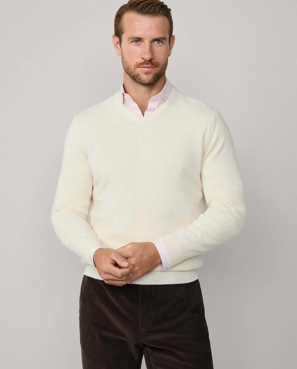 Свитер из овечьей шерсти с V-образным вырезом Hackett, кремовый
Свитер из овечьей шерсти с V-образным вырезом Hackett, кремовый