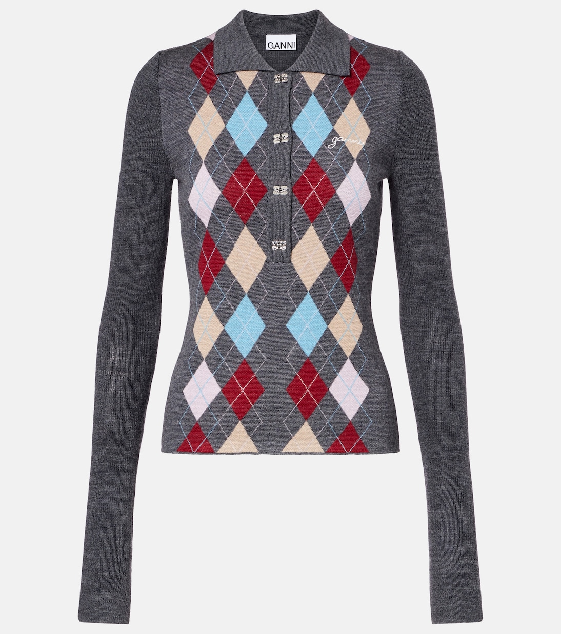 Шерстяной свитер-поло с узором Аргайл Ganni, Paloma
Шерстяной свитер-поло с узором Аргайл Ganni, Paloma