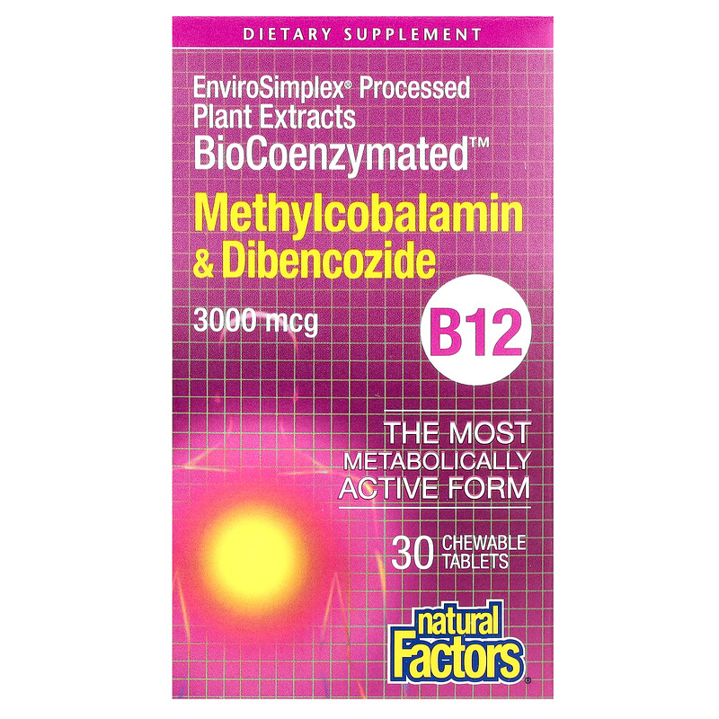 Natural Factors, BioCoenzymated, метилкобаламин и дибенкозид, витамин B12, 3000 мкг, 30 жевательных таблеток
Natural Factors, BioCoenzymated, метилкобаламин и дибенкозид, витамин B12, 3000 мкг, 30 жевательных таблеток