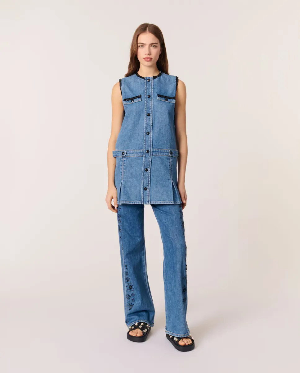 Джинсовое платье с поручнями, расшитыми бисером Maje, синий
Джинсовое платье с поручнями, расшитыми бисером Maje, синий