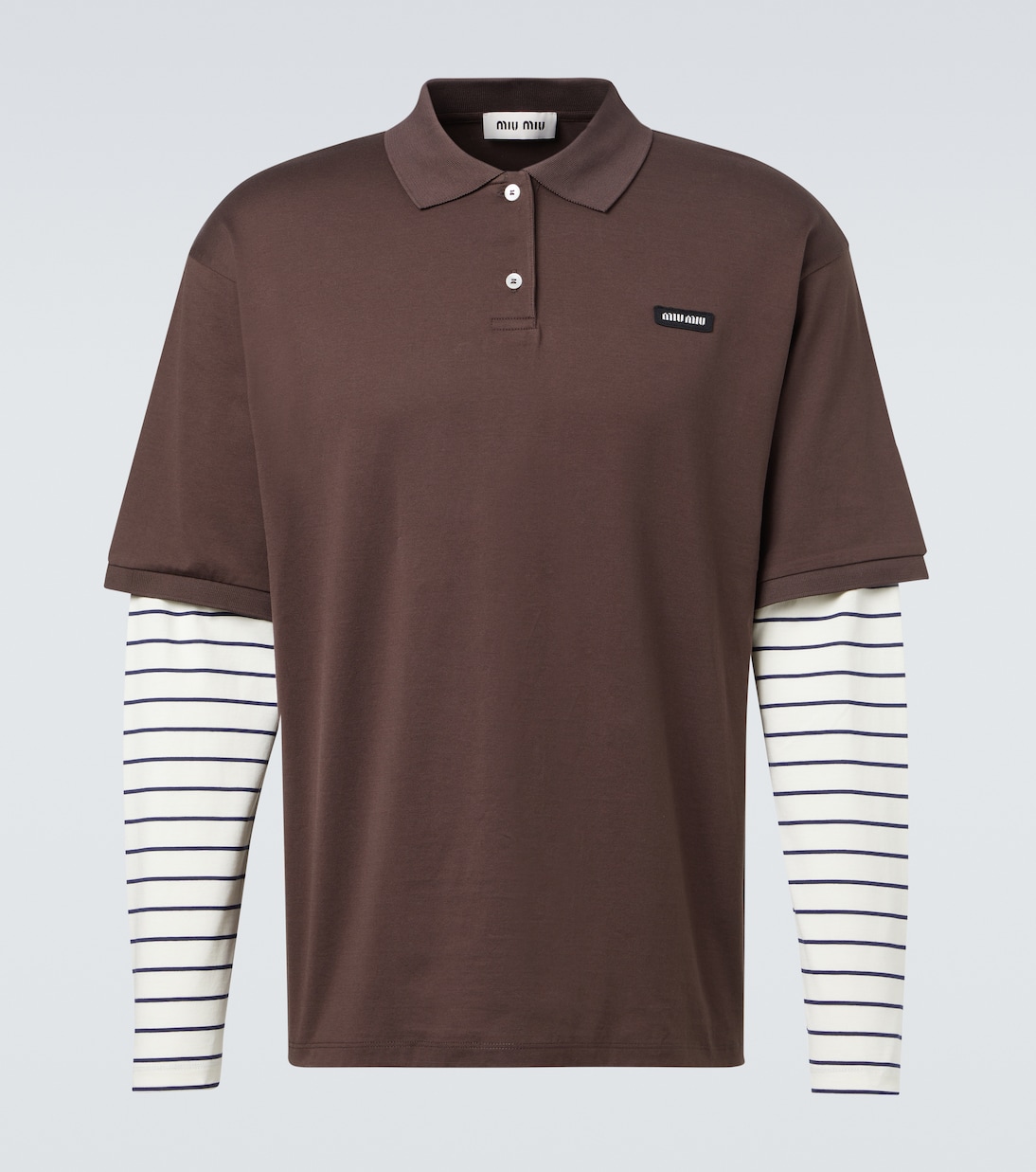 Многослойная полосатая хлопковая рубашка-поло Miu Miu, Cacao+Blu+Talco
Многослойная полосатая хлопковая рубашка-поло Miu Miu, Cacao+Blu+Talco
