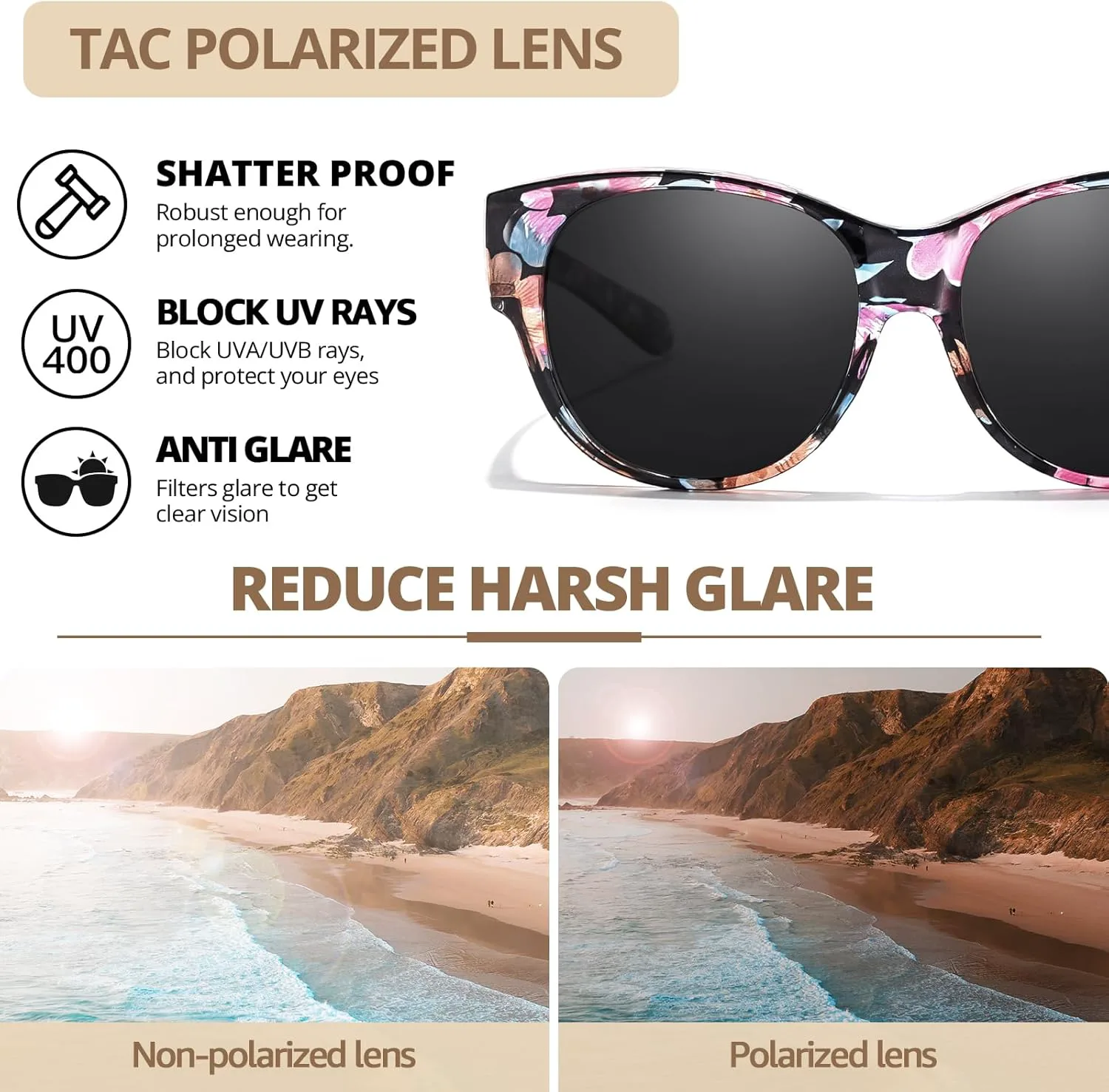 Поляризованные солнцезащитные очки FIMILU для женщин, круглые солнцезащитные очки для вождения и активного отдыха с защитой от УФ-излучения UV400, A01-floral
Поляризованные солнцезащитные очки FIMILU для женщин, круглые солнцезащитные очки для вождения и активного отдыха с защитой от УФ-излучения UV400, A01-floral