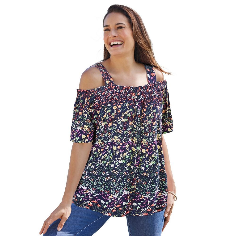 Женщина в женской блузке больших размеров с открытыми плечами и принтом Woman Within, цвет Classic Navy Garden
Женщина в женской блузке больших размеров с открытыми плечами и принтом Woman Within, цвет Classic Navy Garden