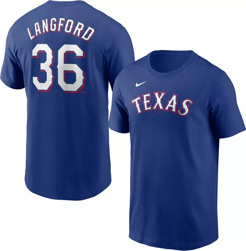 Мужская синяя футболка Nike Texas Rangers Wyatt Langford #36
Мужская синяя футболка Nike Texas Rangers Wyatt Langford #36