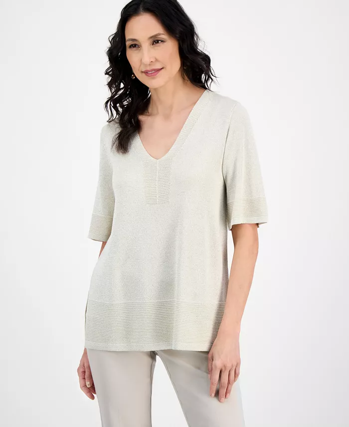 Женский короткий свитер с V-образным вырезом и блеском Lurex JM Collection, коричневый/бежевый 
Женский короткий свитер с V-образным вырезом и блеском Lurex JM Collection, коричневый/бежевый