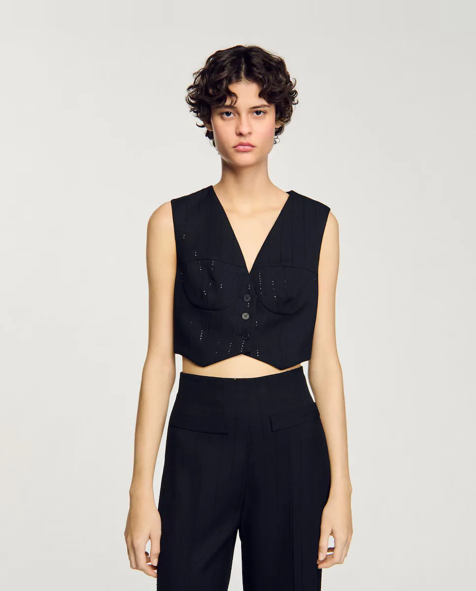 Короткий женский жилет с пайетками Sandro, черный 
Короткий женский жилет с пайетками Sandro, черный