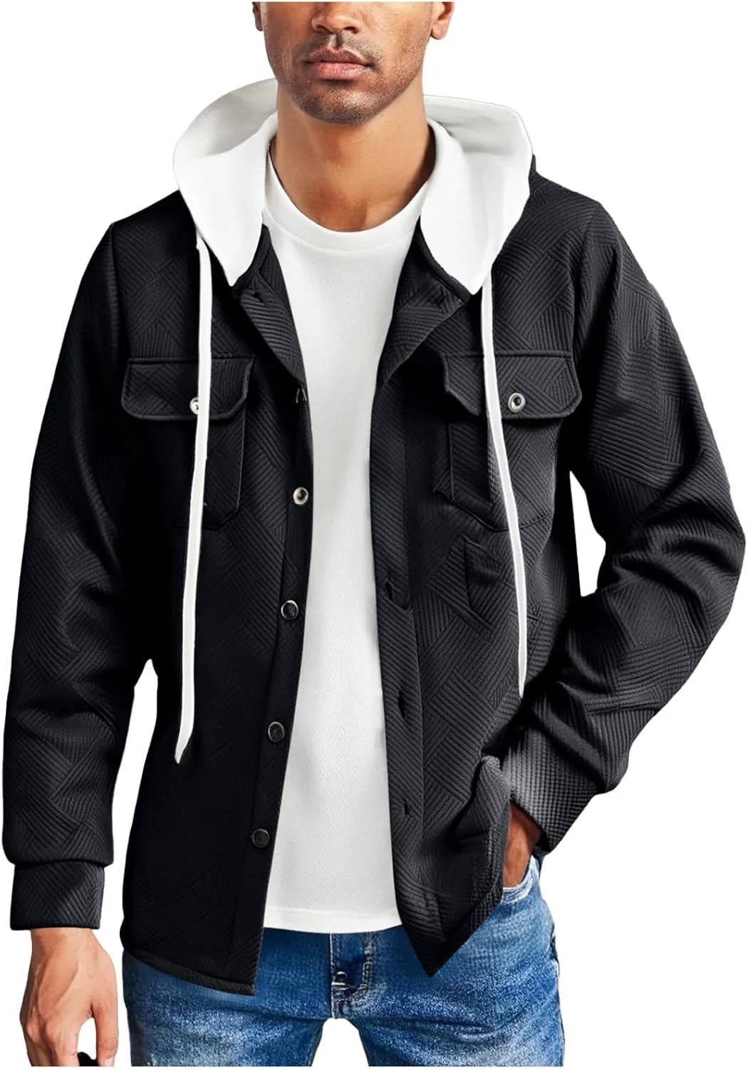 Мужская текстурированная рубашка-худи с длинными рукавами и накладными карманами
Мужская текстурированная рубашка-худи с длинными рукавами и накладными карманами