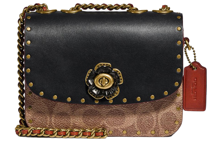 Маленькая квадратная сумка Madison из лакированного холста с телячьей кожей, женская, через плечо, кросс-боди мини, черная с монограммой COACH