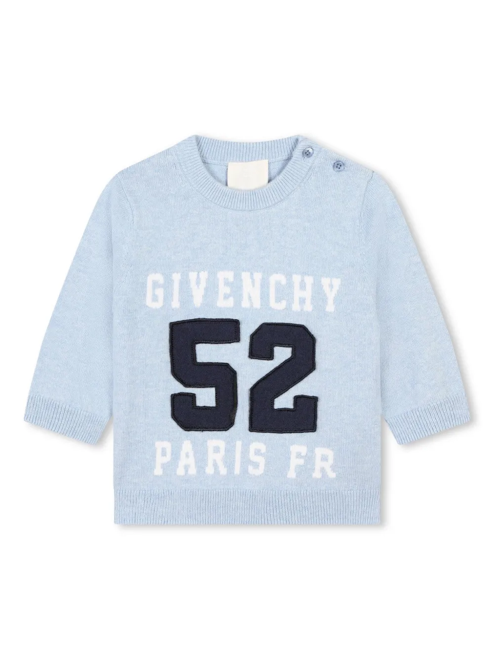 Джемпер вязки интарсия с круглым вырезом Givenchy Kids, синий
Джемпер вязки интарсия с круглым вырезом Givenchy Kids, синий