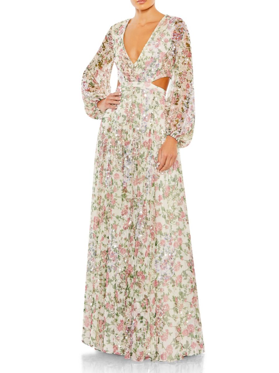 Платье с открытыми спинами, расшитое пайетками и цветочным принтом Mac Duggal, цвет White Multicolor 
Платье с открытыми спинами, расшитое пайетками и цветочным принтом Mac Duggal, цвет White Multicolor