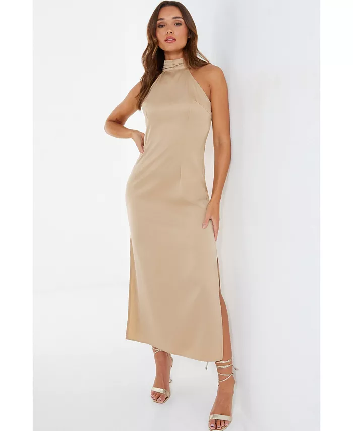 Женское сатиновое миди-платье с запахом на шее QUIZ, коричневый/бежевый 
Женское сатиновое миди-платье с запахом на шее QUIZ, коричневый/бежевый