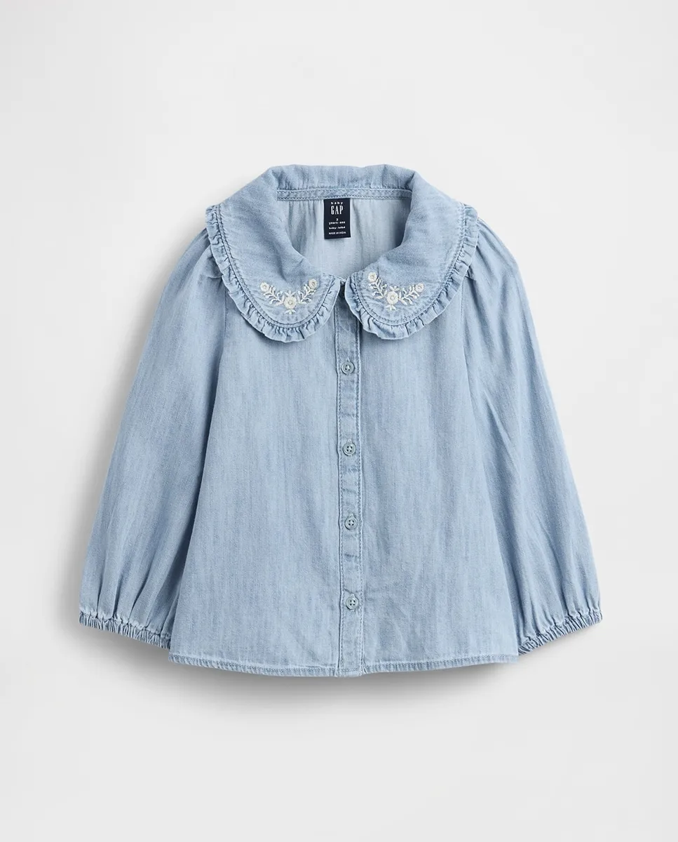 Джинсовая рубашка для малыша с рюшами Gap, светло-голубой
Джинсовая рубашка для малыша с рюшами Gap, светло-голубой