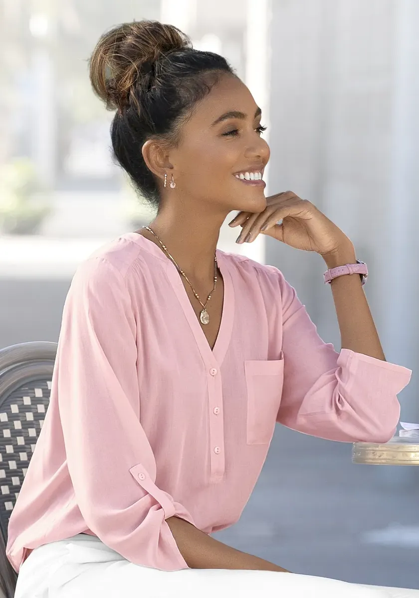 Блуза без шнуровки LASCANA, с рукавами 3/4 и планкой на пуговицах, женская блузка, розовый
Блуза без шнуровки LASCANA, с рукавами 3/4 и планкой на пуговицах, женская блузка, розовый