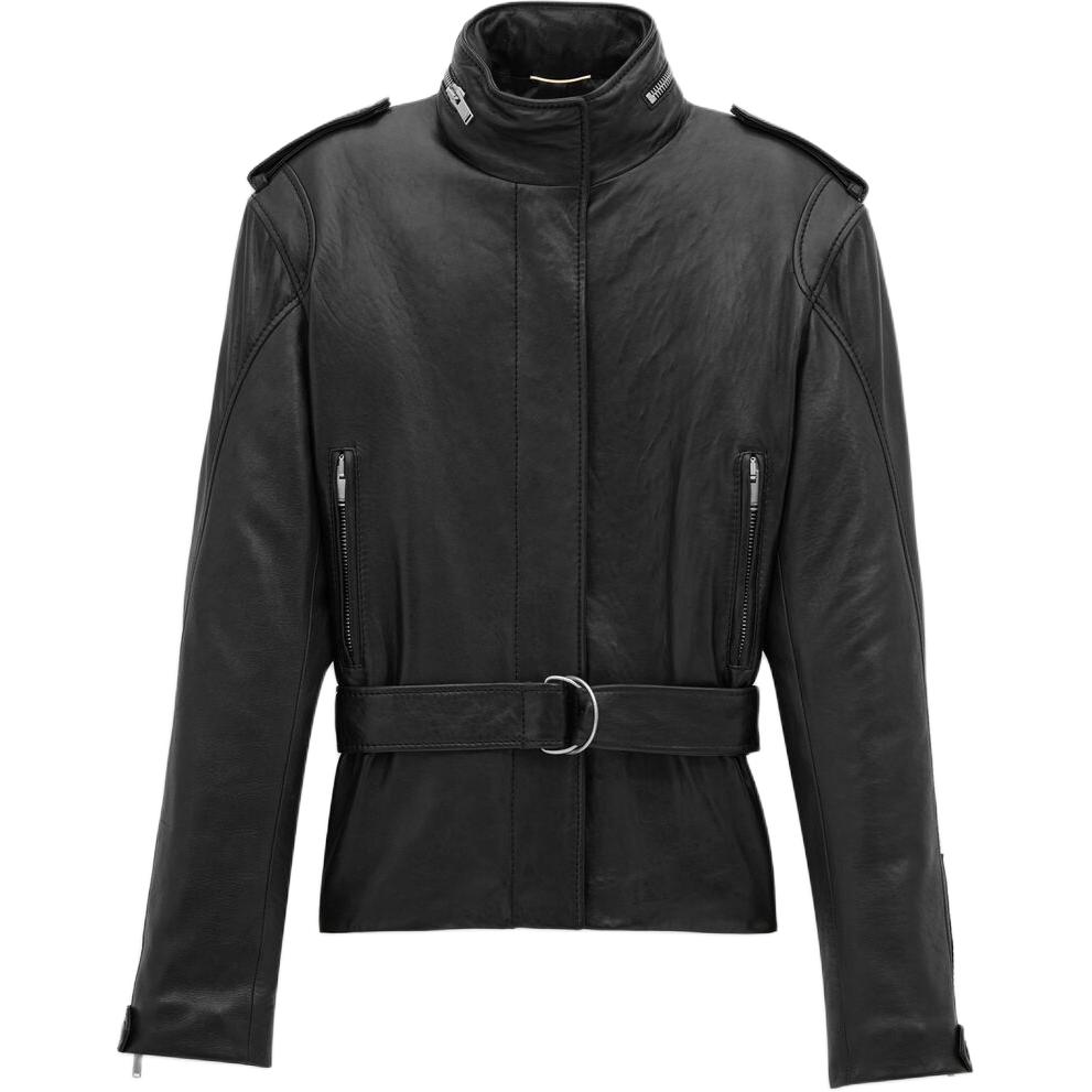 SAINT LAURENT Короткий жакет с высоким воротником и поясом, Black 
SAINT LAURENT Короткий жакет с высоким воротником и поясом, Black