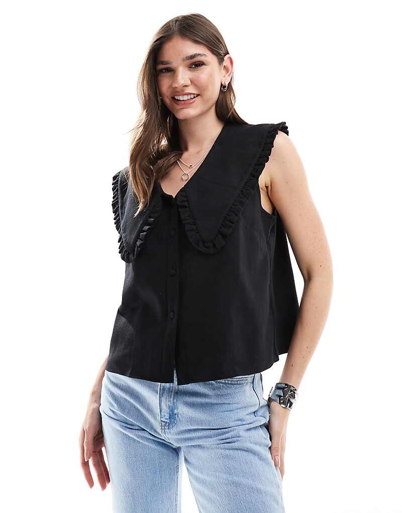Черный топ с объемным воротником и льняным эффектом ASOS DESIGN 
Черный топ с объемным воротником и льняным эффектом ASOS DESIGN