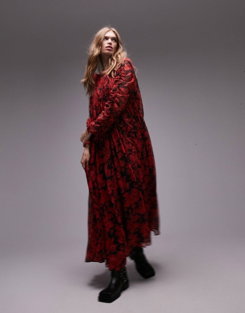 Topshop — разноцветное платье миди с принтом и кулиской 
Topshop — разноцветное платье миди с принтом и кулиской