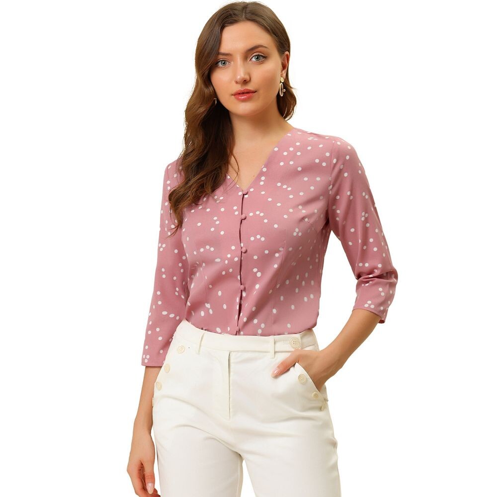 Женская повседневная блузка на пуговицах с рукавом 3/4 в горошек, топ ALLEGRA K, розовый