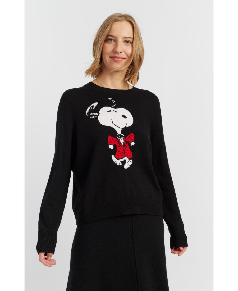 Женский шерстяно-кашемировый свитер с круглым вырезом и рисунком танцующего Снупи Chinti & Parker, Black
Женский шерстяно-кашемировый свитер с круглым вырезом и рисунком танцующего Снупи Chinti & Parker, Black