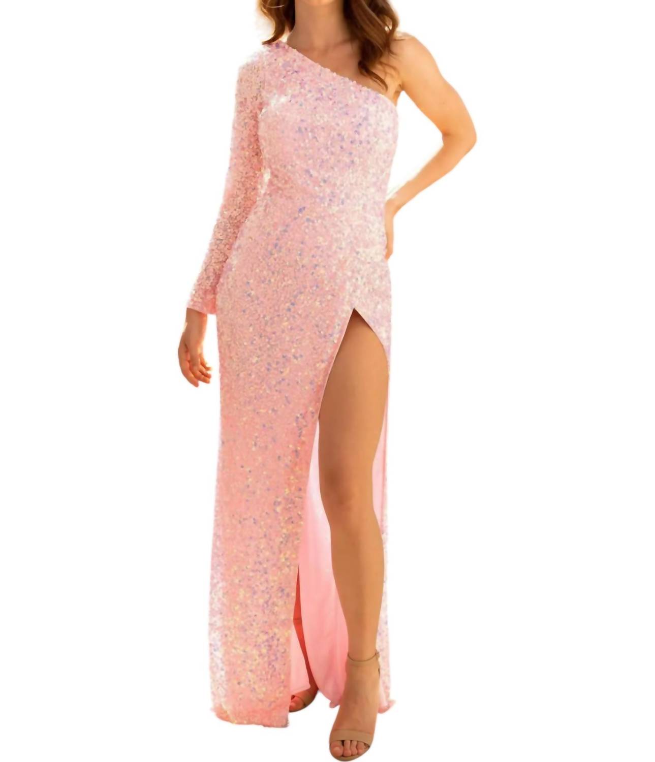 Платье для выпускного вечера с одним плечом и высоким разрезом до бедра в нежно-розовом цвете Primavera 
Платье для выпускного вечера с одним плечом и высоким разрезом до бедра в нежно-розовом цвете Primavera