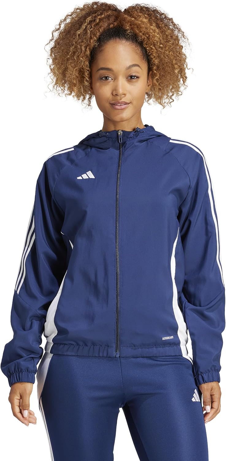 Женская ветровка Adidas Tiro 24 с капюшоном и полосками на рукавах, темно-синий 
Женская ветровка Adidas Tiro 24 с капюшоном и полосками на рукавах, темно-синий