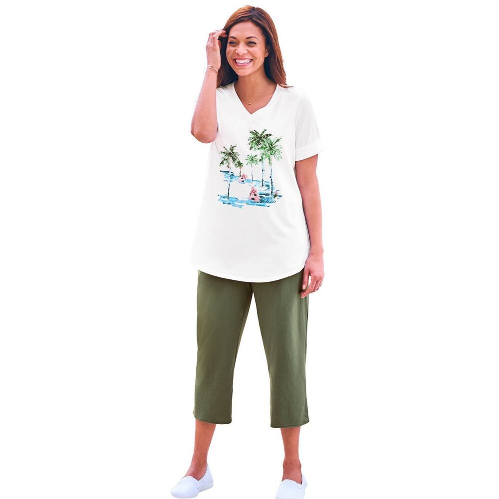 Женщина в женской тунике больших размеров из двух частей с v-образным вырезом и капри Woman Within, цвет Dark Olive Green Palms
Женщина в женской тунике больших размеров из двух частей с v-образным вырезом и капри Woman Within, цвет Dark Olive Green Palms