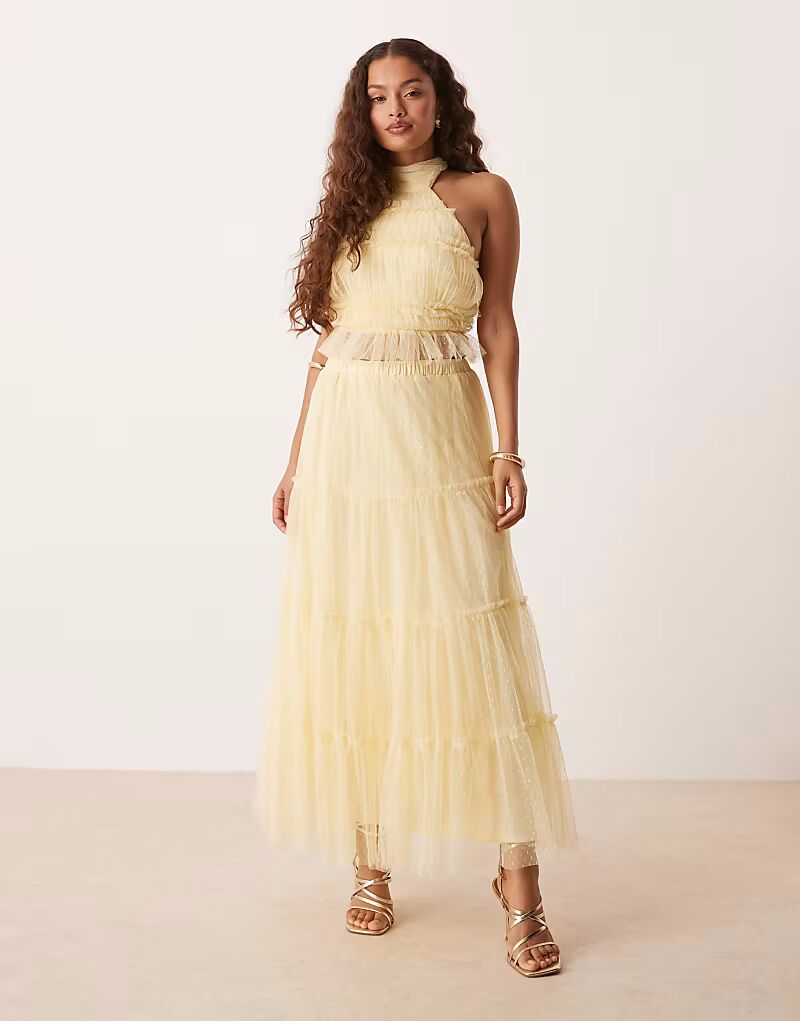 Юбка макси с кружевом и бусинами Petite, многоярусная, лимонного цвета Lace & Beads Petite 
Юбка макси с кружевом и бусинами Petite, многоярусная, лимонного цвета Lace & Beads Petite