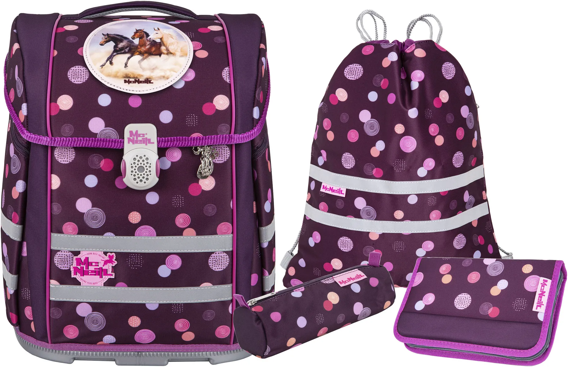 Школьная сумка McNeill "Perfecto, Ruby", светоотражающие полосы на лямках, светоотражающие поверхности, включая пенал, спортивную сумку, рулончик для карандашей и магнит с мотивом, цвет Ruby 
Школьная сумка McNeill "Perfecto, Ruby", светоотражающие полосы на лямках, светоотражающие поверхности, включая пенал, спортивную сумку, рулончик для карандашей и магнит с мотивом, цвет Ruby