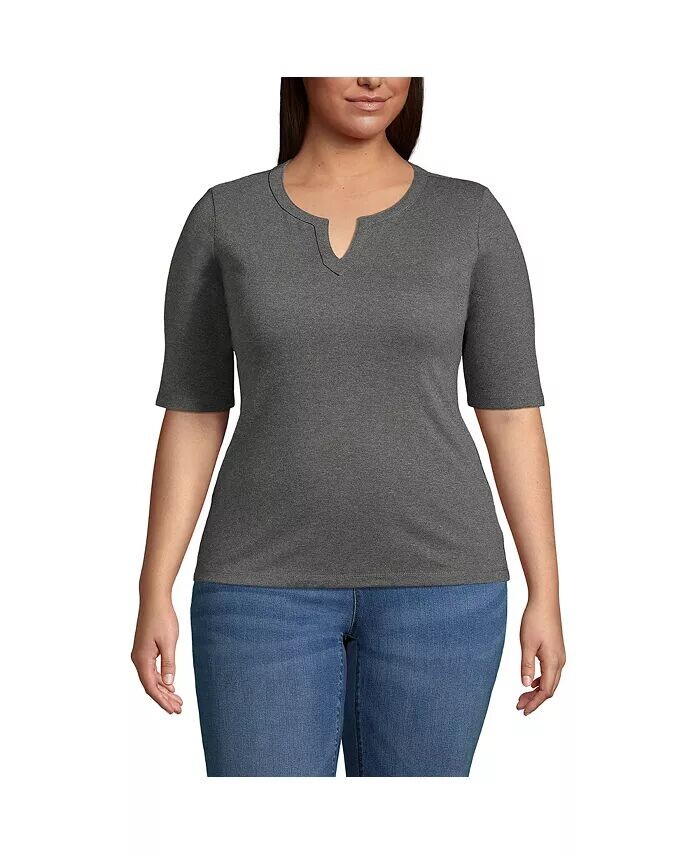 Большие размеры Хлопок Полиэстер Современный Рукав до локтя с разрезом Lands' End, серый