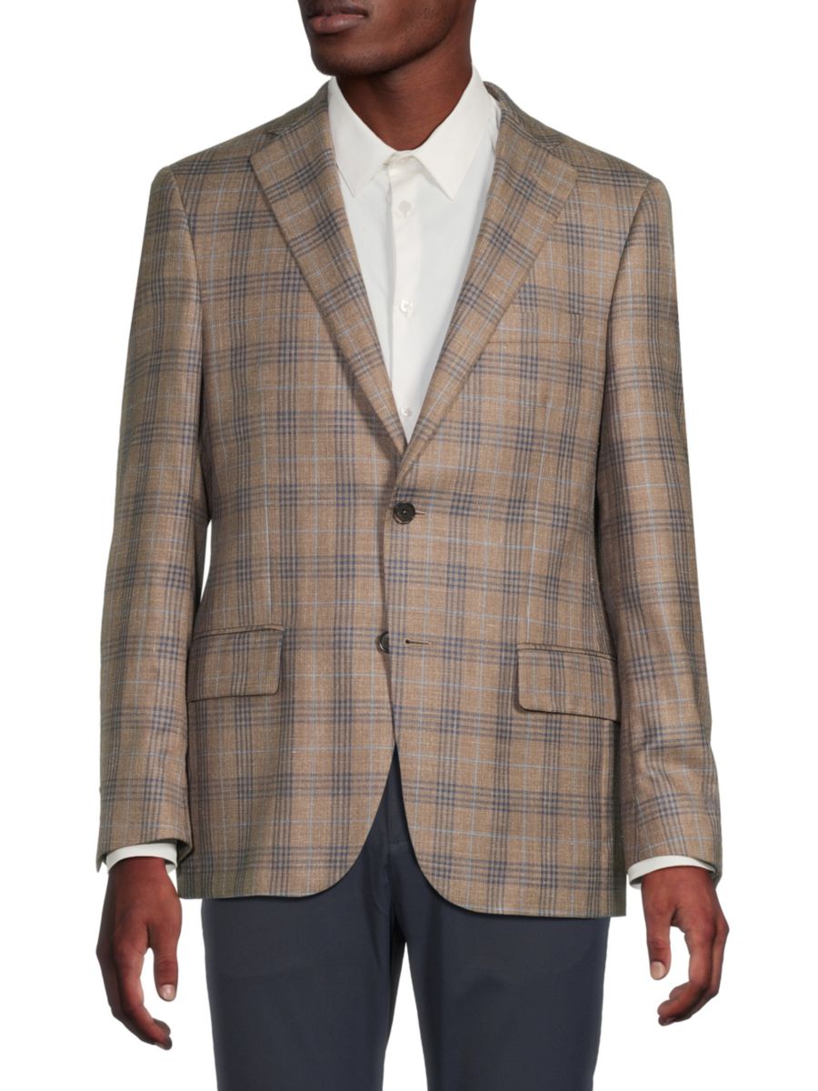 Спортивное пальто классического кроя из шерсти, шелка и льна в клетку с двумя пуговицами Samuelsohn, коричневый